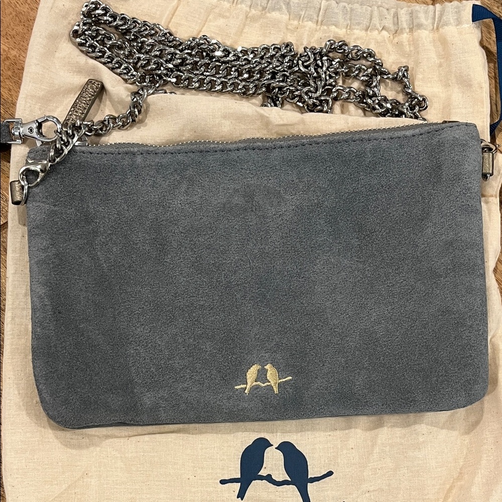 NEW Chloe + Isabel Gray Suede Clutch With Tassel & Chain